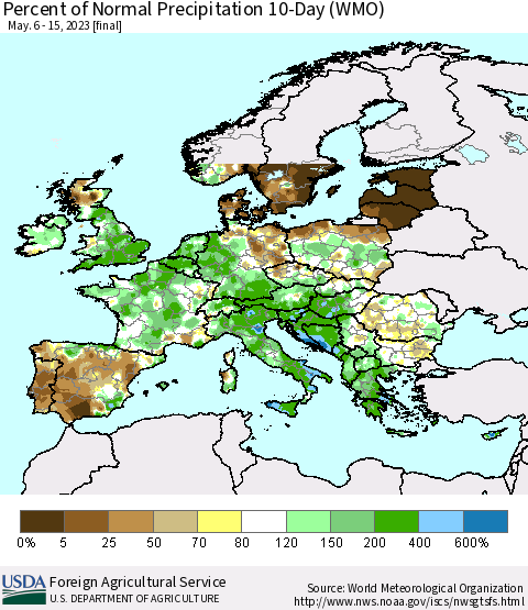 Europe Percent of Normal Precipitation 10-Day (WMO) Thematic Map For 5/6/2023 - 5/15/2023