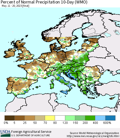 Europe Percent of Normal Precipitation 10-Day (WMO) Thematic Map For 5/11/2023 - 5/20/2023