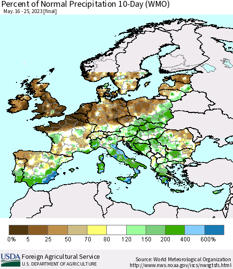 Europe Percent of Normal Precipitation 10-Day (WMO) Thematic Map For 5/16/2023 - 5/25/2023