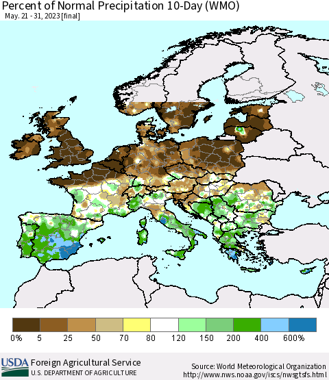 Europe Percent of Normal Precipitation 10-Day (WMO) Thematic Map For 5/21/2023 - 5/31/2023