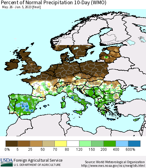 Europe Percent of Normal Precipitation 10-Day (WMO) Thematic Map For 5/26/2023 - 6/5/2023