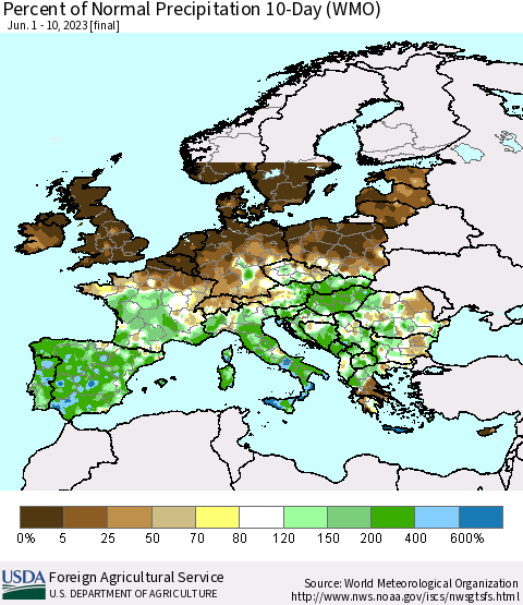 Europe Percent of Normal Precipitation 10-Day (WMO) Thematic Map For 6/1/2023 - 6/10/2023