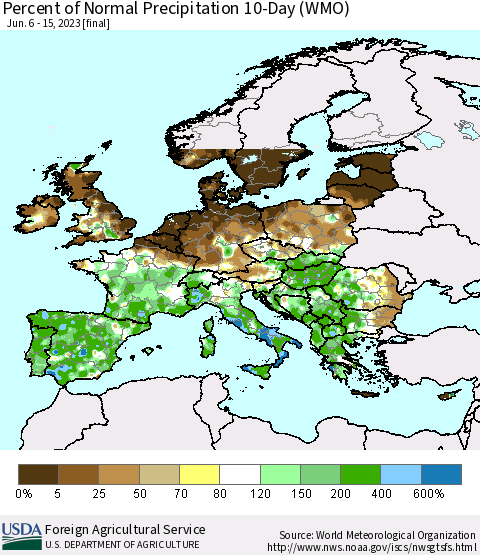 Europe Percent of Normal Precipitation 10-Day (WMO) Thematic Map For 6/6/2023 - 6/15/2023
