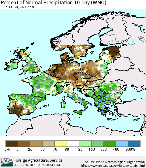 Europe Percent of Normal Precipitation 10-Day (WMO) Thematic Map For 6/11/2023 - 6/20/2023