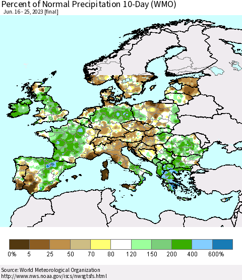Europe Percent of Normal Precipitation 10-Day (WMO) Thematic Map For 6/16/2023 - 6/25/2023