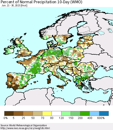 Europe Percent of Normal Precipitation 10-Day (WMO) Thematic Map For 6/21/2023 - 6/30/2023