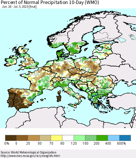 Europe Percent of Normal Precipitation 10-Day (WMO) Thematic Map For 6/26/2023 - 7/5/2023