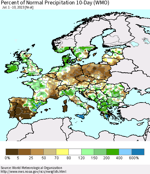 Europe Percent of Normal Precipitation 10-Day (WMO) Thematic Map For 7/1/2023 - 7/10/2023