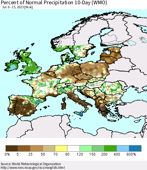 Europe Percent of Normal Precipitation 10-Day (WMO) Thematic Map For 7/6/2023 - 7/15/2023