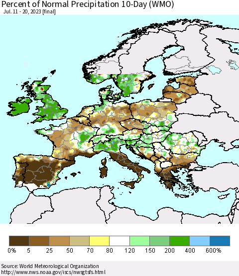 Europe Percent of Normal Precipitation 10-Day (WMO) Thematic Map For 7/11/2023 - 7/20/2023