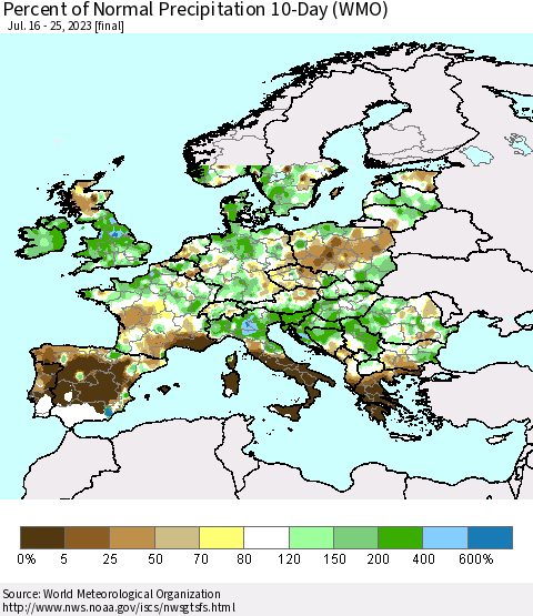 Europe Percent of Normal Precipitation 10-Day (WMO) Thematic Map For 7/16/2023 - 7/25/2023