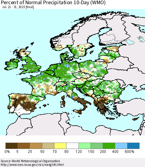Europe Percent of Normal Precipitation 10-Day (WMO) Thematic Map For 7/21/2023 - 7/31/2023