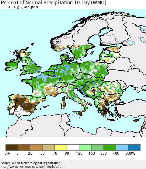Europe Percent of Normal Precipitation 10-Day (WMO) Thematic Map For 7/26/2023 - 8/5/2023