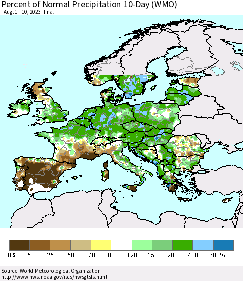 Europe Percent of Normal Precipitation 10-Day (WMO) Thematic Map For 8/1/2023 - 8/10/2023