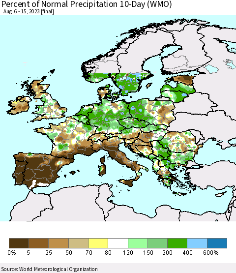 Europe Percent of Normal Precipitation 10-Day (WMO) Thematic Map For 8/6/2023 - 8/15/2023