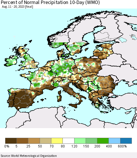 Europe Percent of Normal Precipitation 10-Day (WMO) Thematic Map For 8/11/2023 - 8/20/2023
