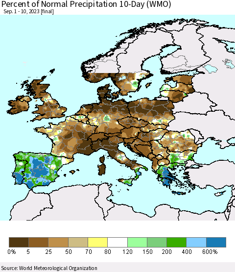 Europe Percent of Normal Precipitation 10-Day (WMO) Thematic Map For 9/1/2023 - 9/10/2023