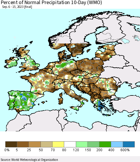 Europe Percent of Normal Precipitation 10-Day (WMO) Thematic Map For 9/6/2023 - 9/15/2023