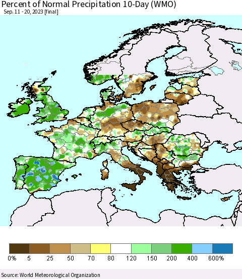 Europe Percent of Normal Precipitation 10-Day (WMO) Thematic Map For 9/11/2023 - 9/20/2023
