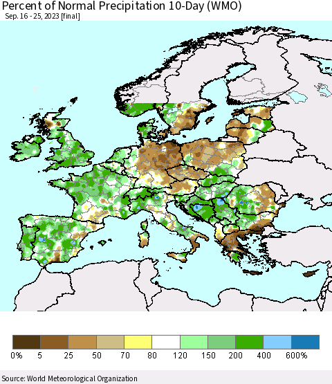 Europe Percent of Normal Precipitation 10-Day (WMO) Thematic Map For 9/16/2023 - 9/25/2023