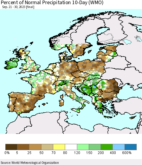 Europe Percent of Normal Precipitation 10-Day (WMO) Thematic Map For 9/21/2023 - 9/30/2023