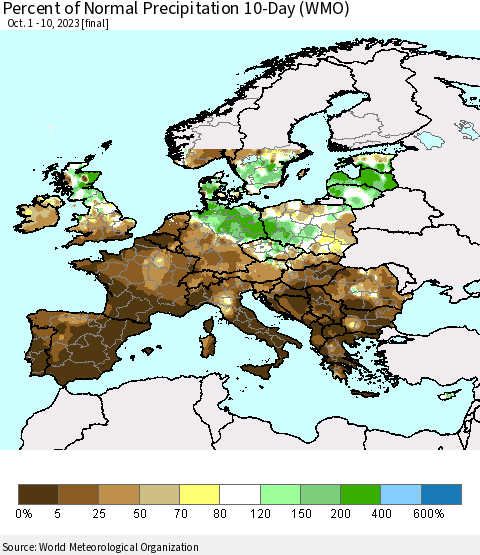 Europe Percent of Normal Precipitation 10-Day (WMO) Thematic Map For 10/1/2023 - 10/10/2023