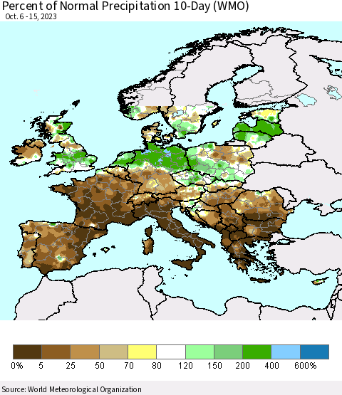 Europe Percent of Normal Precipitation 10-Day (WMO) Thematic Map For 10/6/2023 - 10/15/2023