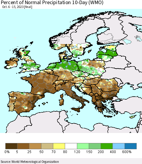 Europe Percent of Normal Precipitation 10-Day (WMO) Thematic Map For 10/6/2023 - 10/15/2023