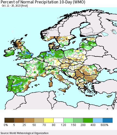 Europe Percent of Normal Precipitation 10-Day (WMO) Thematic Map For 10/11/2023 - 10/20/2023