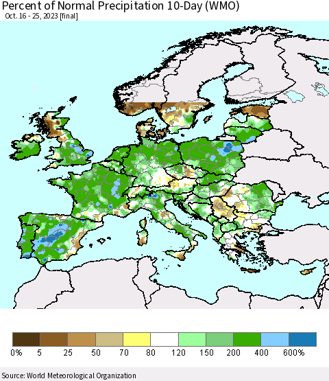 Europe Percent of Normal Precipitation 10-Day (WMO) Thematic Map For 10/16/2023 - 10/25/2023