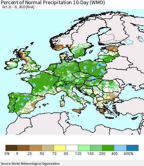 Europe Percent of Normal Precipitation 10-Day (WMO) Thematic Map For 10/21/2023 - 10/31/2023