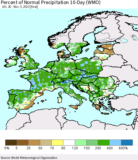 Europe Percent of Normal Precipitation 10-Day (WMO) Thematic Map For 10/26/2023 - 11/5/2023