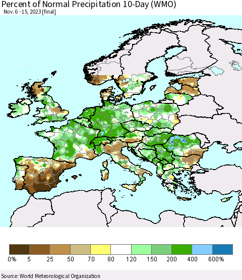 Europe Percent of Normal Precipitation 10-Day (WMO) Thematic Map For 11/6/2023 - 11/15/2023
