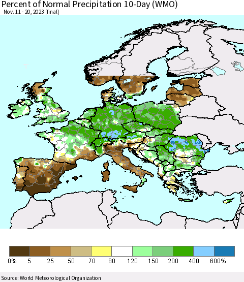 Europe Percent of Normal Precipitation 10-Day (WMO) Thematic Map For 11/11/2023 - 11/20/2023