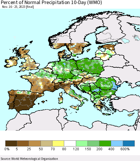 Europe Percent of Normal Precipitation 10-Day (WMO) Thematic Map For 11/16/2023 - 11/25/2023