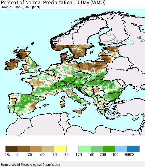 Europe Percent of Normal Precipitation 10-Day (WMO) Thematic Map For 11/26/2023 - 12/5/2023