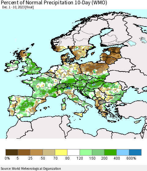 Europe Percent of Normal Precipitation 10-Day (WMO) Thematic Map For 12/1/2023 - 12/10/2023