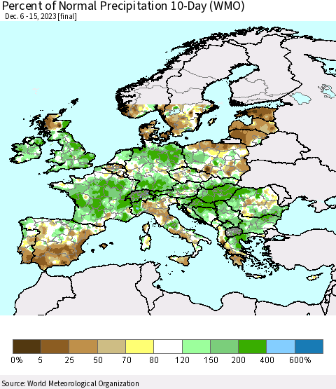 Europe Percent of Normal Precipitation 10-Day (WMO) Thematic Map For 12/6/2023 - 12/15/2023