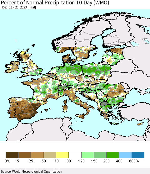 Europe Percent of Normal Precipitation 10-Day (WMO) Thematic Map For 12/11/2023 - 12/20/2023