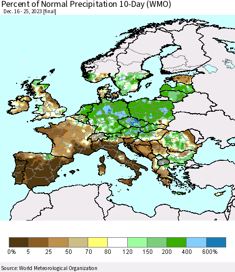 Europe Percent of Normal Precipitation 10-Day (WMO) Thematic Map For 12/16/2023 - 12/25/2023