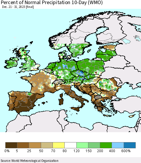 Europe Percent of Normal Precipitation 10-Day (WMO) Thematic Map For 12/21/2023 - 12/31/2023