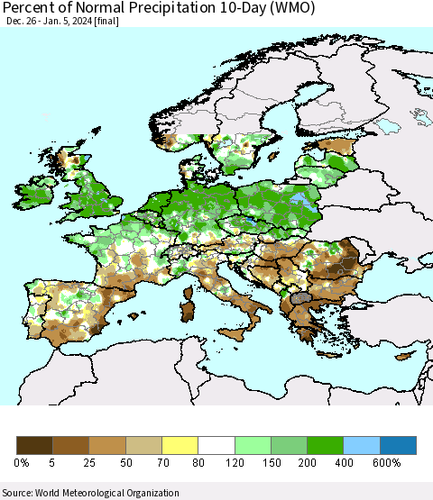 Europe Percent of Normal Precipitation 10-Day (WMO) Thematic Map For 12/26/2023 - 1/5/2024