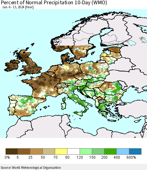 Europe Percent of Normal Precipitation 10-Day (WMO) Thematic Map For 1/6/2024 - 1/15/2024