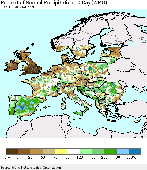 Europe Percent of Normal Precipitation 10-Day (WMO) Thematic Map For 1/11/2024 - 1/20/2024