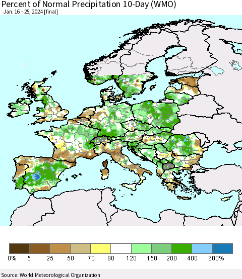 Europe Percent of Normal Precipitation 10-Day (WMO) Thematic Map For 1/16/2024 - 1/25/2024