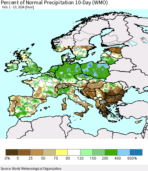 Europe Percent of Normal Precipitation 10-Day (WMO) Thematic Map For 2/1/2024 - 2/10/2024