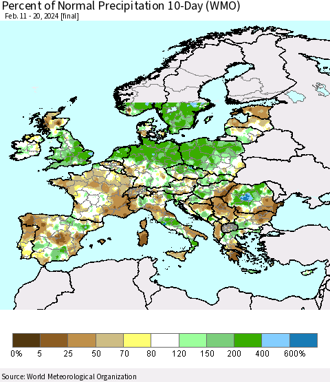 Europe Percent of Normal Precipitation 10-Day (WMO) Thematic Map For 2/11/2024 - 2/20/2024
