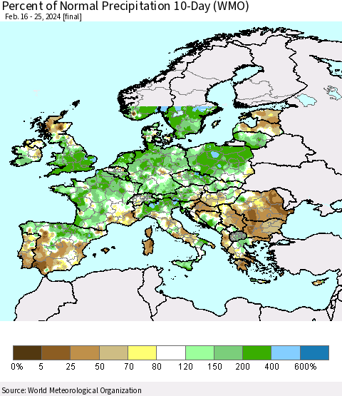 Europe Percent of Normal Precipitation 10-Day (WMO) Thematic Map For 2/16/2024 - 2/25/2024