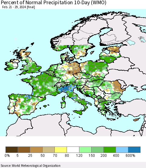 Europe Percent of Normal Precipitation 10-Day (WMO) Thematic Map For 2/21/2024 - 2/29/2024