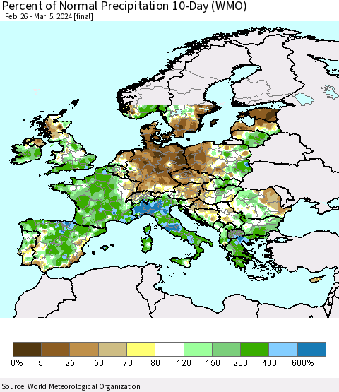 Europe Percent of Normal Precipitation 10-Day (WMO) Thematic Map For 2/26/2024 - 3/5/2024